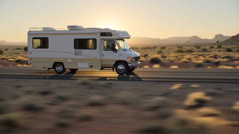 Autocaravana en una carretera al atardecer, escena de un video generado con IA